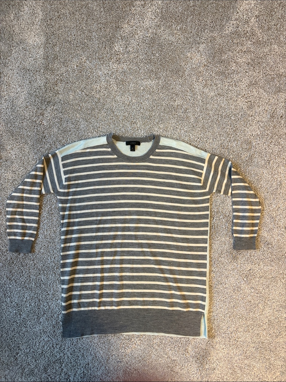 J. Crew Gray and Cream Striped 100% Merino Wool Sweater, Size XS